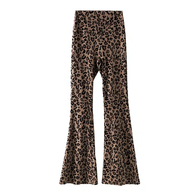 俏佳人 高腰收腹提臀修身显瘦性感豹纹喇叭裤设计感休闲百搭可外穿蜜桃臀高弹亲肤瑜伽健身运动打底裤 女款