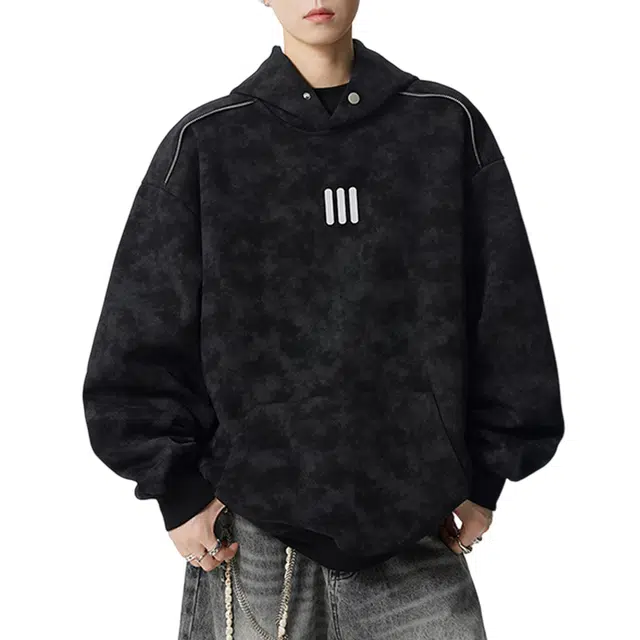 冈哉 半拉链纽扣拼接三条杠印花扎染设计美式复古高街痞帅个性潮流宽松慵懒日常通勤连帽卫衣 男款