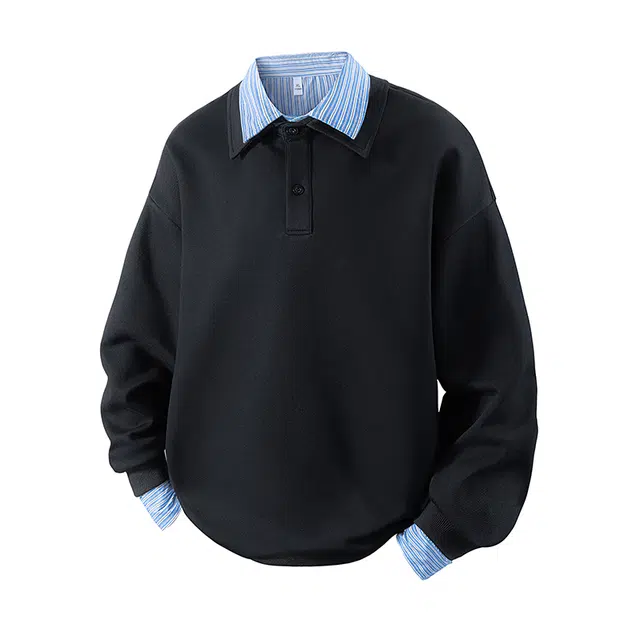 马员外 美式潮流衬衫领条纹长袖宽松百搭时尚简约卫衣 男款