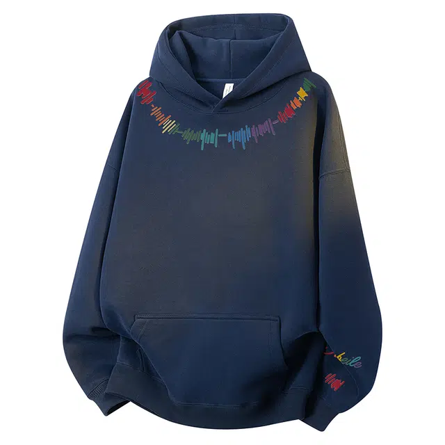 金贝勒 重磅美式复古潮流手绘彩色线条字母印花基础款简约时尚宽松休闲百搭潮牌长袖落肩套头连帽卫衣 男女同款