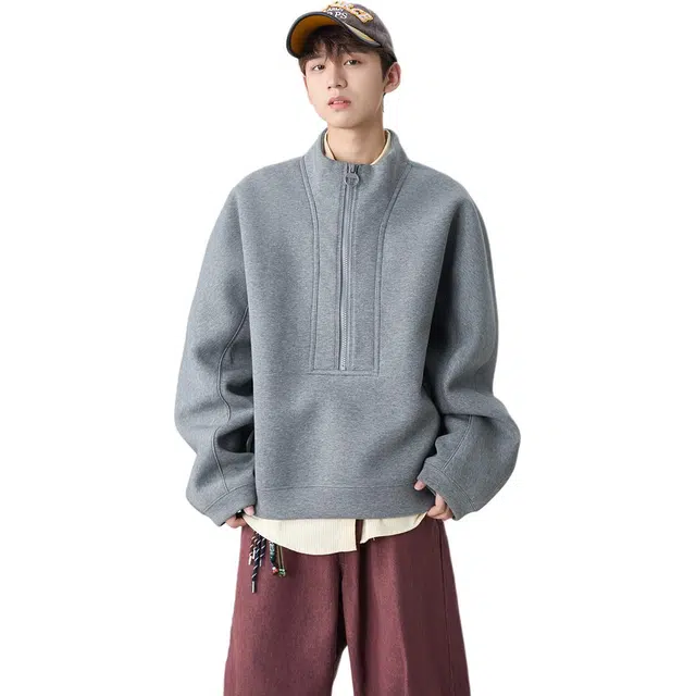 冈哉 美式经典基础款重磅半拉链宽松百搭痞帅个性潮流潮牌时尚慵懒感学院风日常通勤柔软舒适亲肤上衣卫衣 男女同款