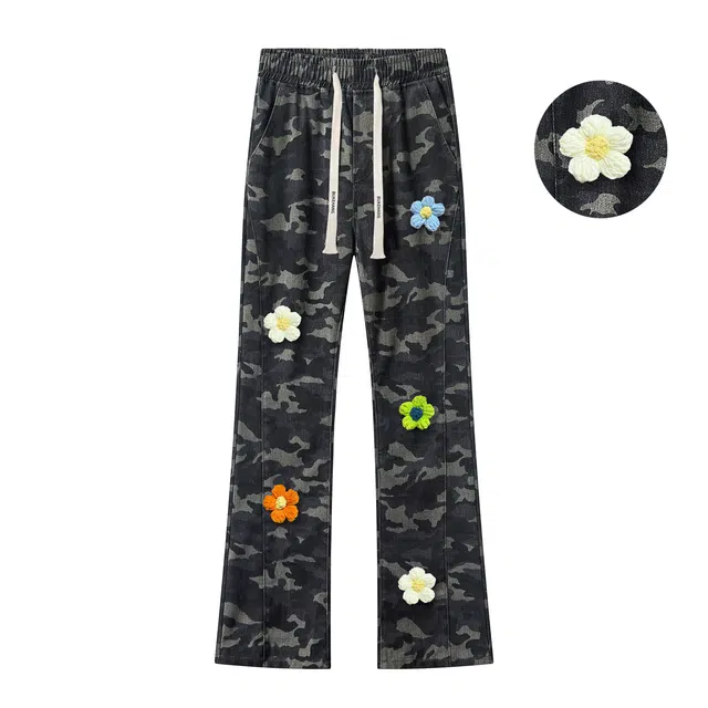 【3D立体花卉刺绣】布客行 美式高街显腿长显高显瘦迷彩重工斜切拼接微喇复古水洗牛仔裤直筒阔腿百搭弹力松紧腰抽绳长裤休闲裤 男女同款