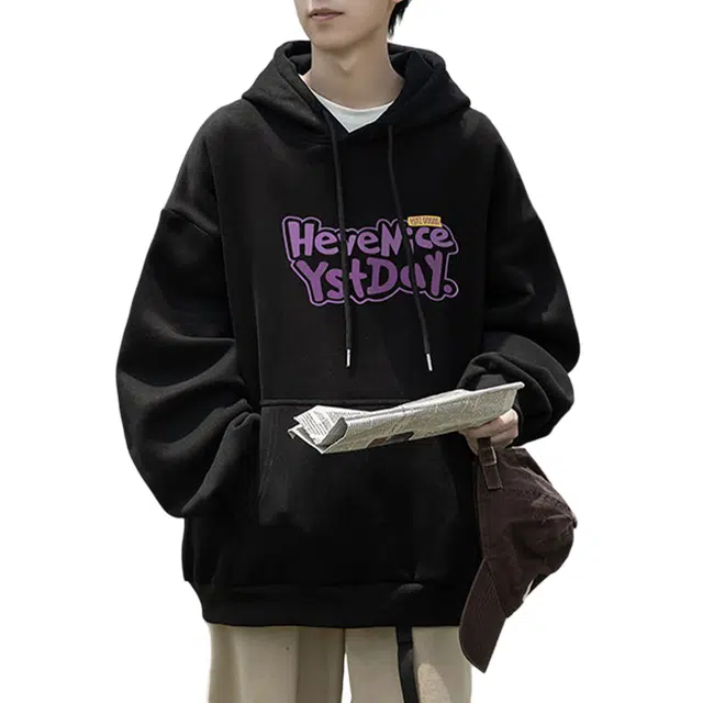 冈哉 美式高街涂鸦字母撞色印花设计学院风休闲宽松百搭通勤舒适慵懒风落肩套头长袖连帽卫衣 男女同款