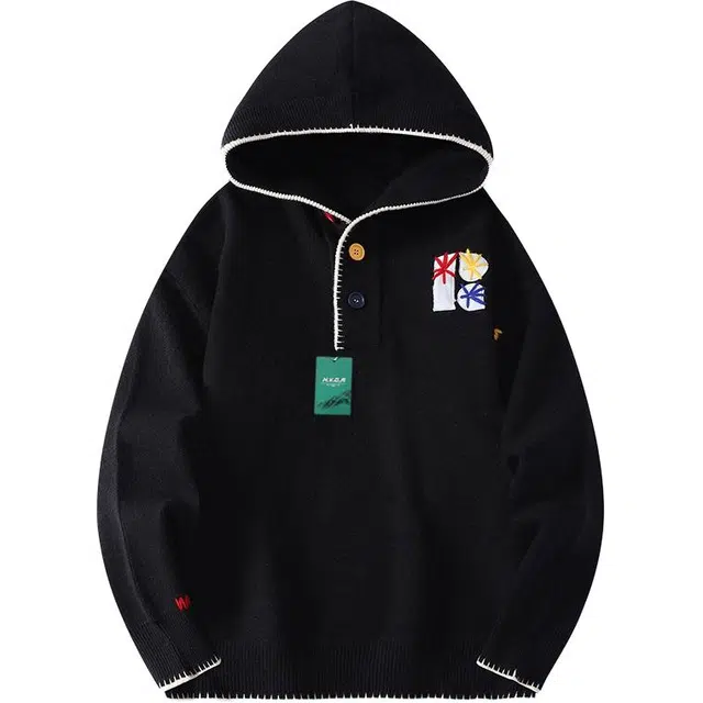 北欧攻略 秋冬季时尚加厚保暖连帽外套美式复古字母植物花卉绣花内搭打底衫外穿套头宽松休闲百搭学生党针织衫 男女同款