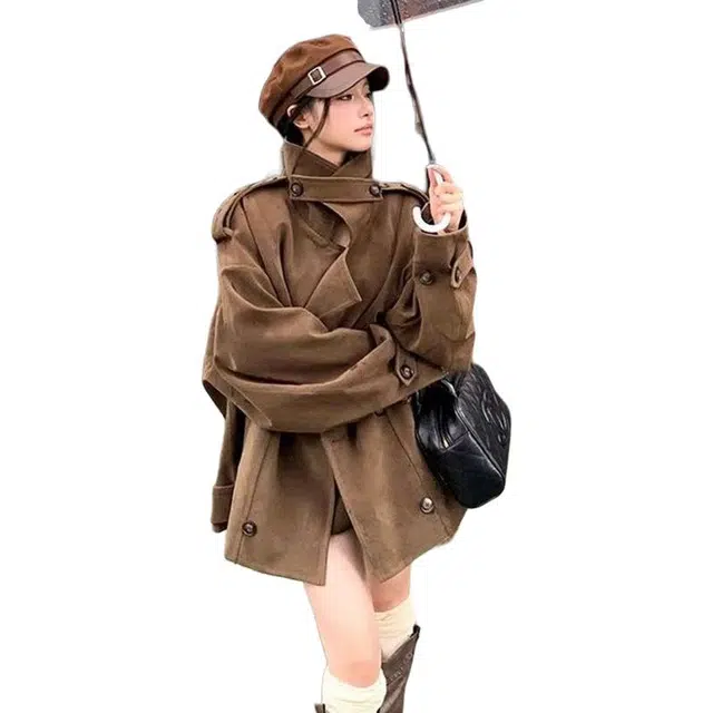 轻迎 设计感立领纯色宽松型复古风大衣 女款