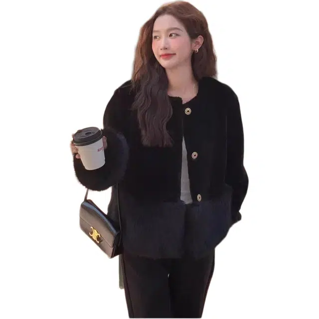 邓大喵 外套女冬小香风毛毛加厚保暖轻奢仿貂绒拼接大衣皮草 女款