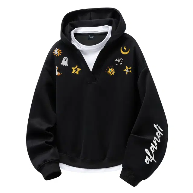 阿凡迪 假两件仿万针刺绣动物图案小狗印花设计重磅叠穿穿搭连帽外套简约基础无性别主义宽松百搭休闲舒适亲肤螺纹落肩长袖卫衣 男女同款