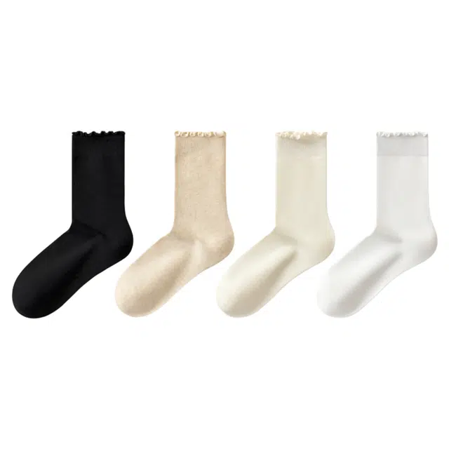 轻迎 高级感纯棉抗菌春秋款配小皮鞋的袜子堆堆袜防臭吸汗月子袜花边时尚百搭中筒袜 女款