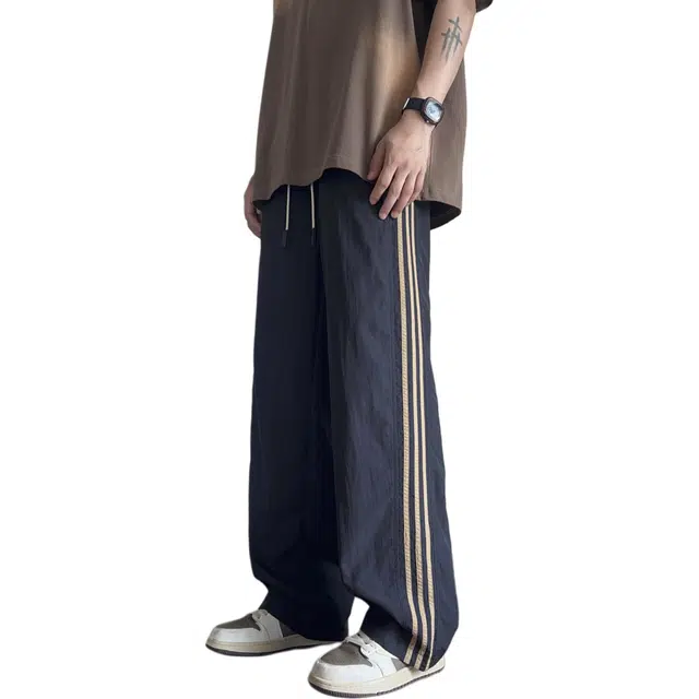 华夏儿女 美式拼接撞色透气冰丝条纹宽松直筒裤秋冬季潮牌设计感校园百搭高街痞帅松紧腰裤子速干裤休闲裤 男女同款