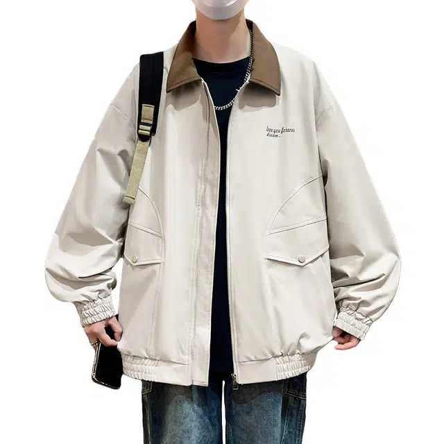 洋气先生 美式潮牌高街复古撞色拼接高级感日常通勤百搭基础款宽松舒适休闲长袖翻领底特律工装拉链外套夹克 男女同款