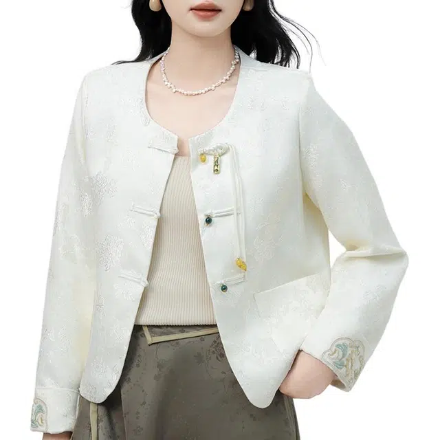 缪斯的诱惑 新中式国潮风东方古韵复古刺绣盘扣装饰端庄干练优雅休闲时尚设计小香风上衣洋气减龄百搭显瘦长袖开衫气质圆领国风外套夹克 女款