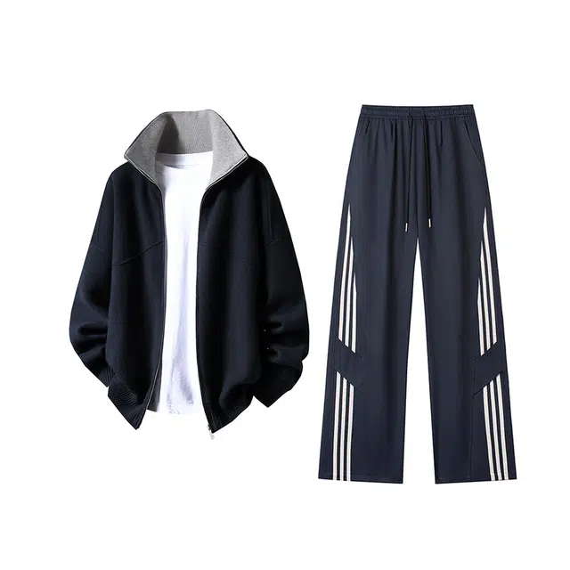 素杭 美式重磅撞色翻领针织毛衣开衫外套搭配设计感拼接条纹松紧腰直筒阔腿长裤两件套时尚穿搭一整套休闲运动套装 男女同款