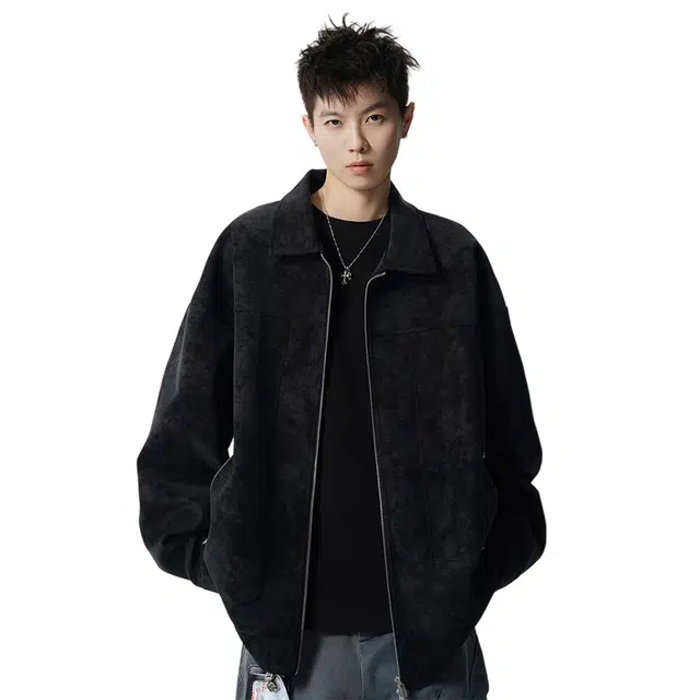 顶峰保罗 美式扎染复古痞帅翻领工装皮衣无性别主义美拉德重磅休闲宽松大码上衣茄克简约百搭显高显瘦长袖夹克外套 男女同款