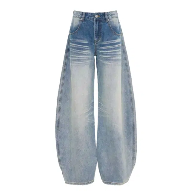 望莱仕 美式水洗复古折痕阔腿弯刀裤高腰宽松直筒裤子拖地显瘦牛仔裤 女款