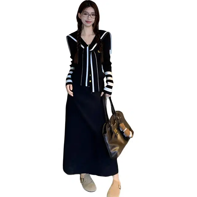 轻迎 学院风海军领披肩长袖针织衫高腰显瘦半身长裙时尚裙装套装 女款