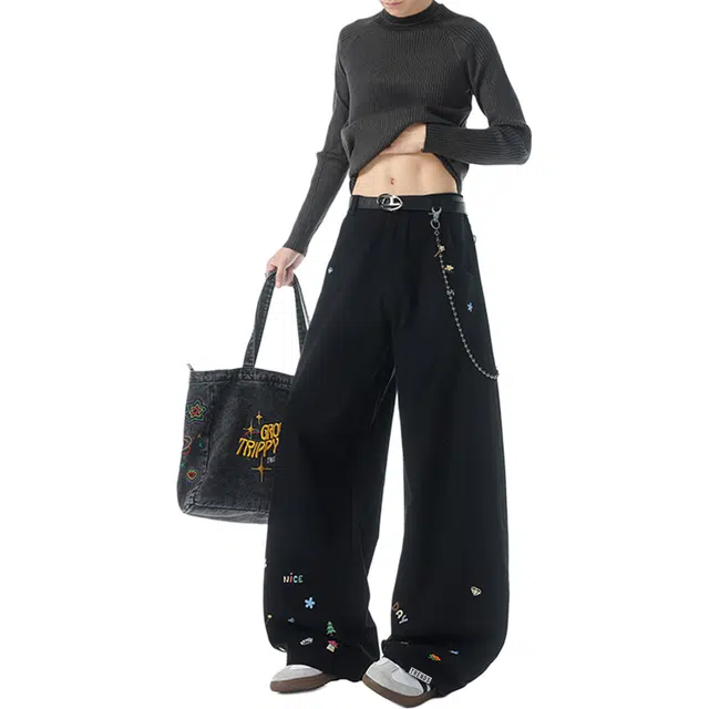 【300斤大码可穿】赫赫良衣 美式复古痞帅高街少年感高档弯刀阔腿宽松显高显瘦显腿长时尚舒适百搭保暖长裤小众高级感潮牌休闲裤 男女同款