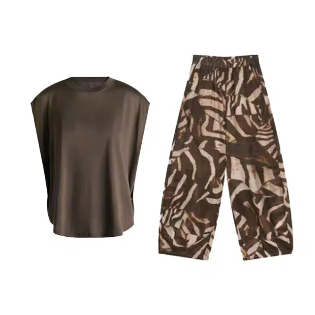 敲模女孩 复古慵懒风时尚百搭无袖上衣高腰垂感阔腿宽松长裤休闲套装 女款