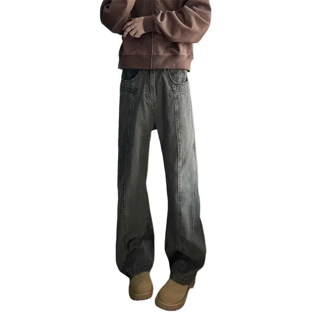 大格子与黑猫 工装美式高街宽松休闲百搭水洗直筒牛仔裤 男女同款