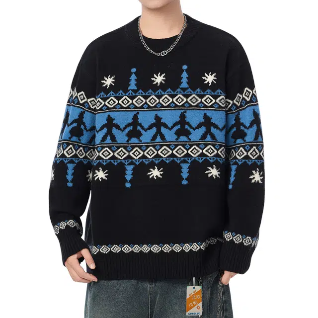 北欧攻略 时尚高街美式简约高级感经典潮流内搭圆领设计感学生宽松毛衣大码胖子加厚保暖舒适通勤秋冬季长袖针织衫 男女同款