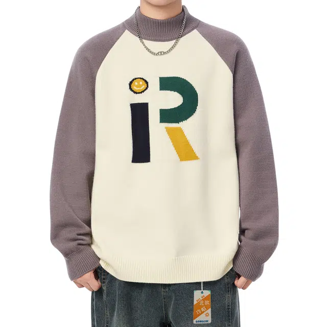 北欧攻略 设计感时尚百搭半高领字母刺绣毛衣落肩袖套头无性别主义情侣宽松大码休闲保暖舒适打底衫柔软不起球通勤针织衫 男女同款