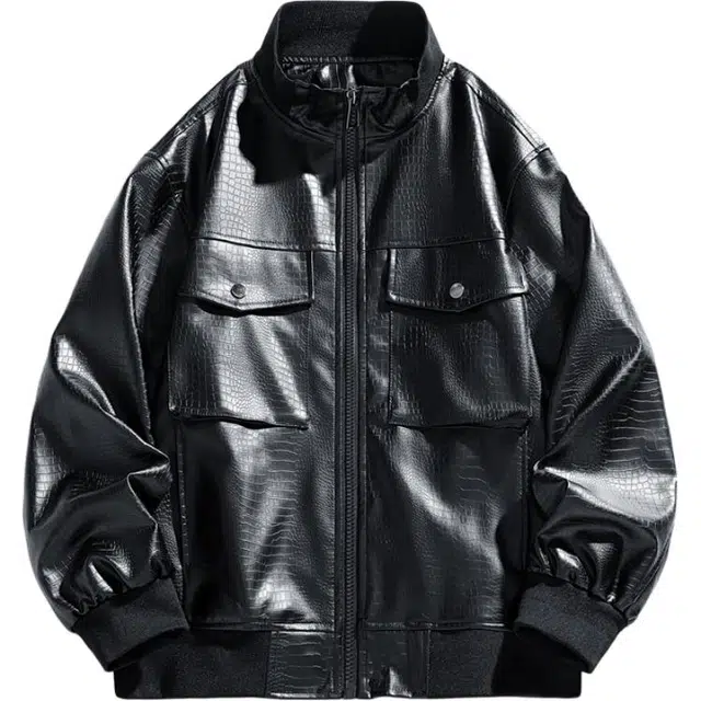 马员外 春秋季机车皮衣休闲立领纯色简约潮流百搭宽松夹克 男款