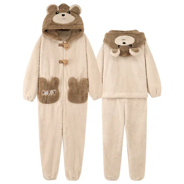 俏霓桐 冬季保暖蓄温加厚加绒连帽可爱卡通小熊长袖上衣可外穿长裤家居连体衣 女款