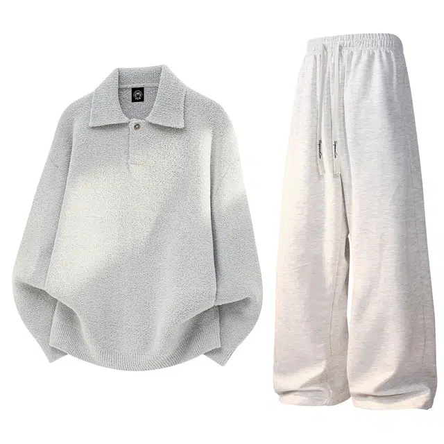 吾皇猫 复古慵懒一粒扣设计舒适软糯针织打底宽松百搭纯色直筒刺绣抽绳休闲运动套装 男女同款