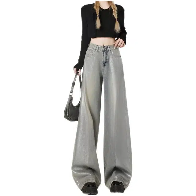 木木兔 潮流时尚秋季裤子女 美式浅色阔腿裤小个子高腰宽松直筒拖地裤 牛仔裤 女款