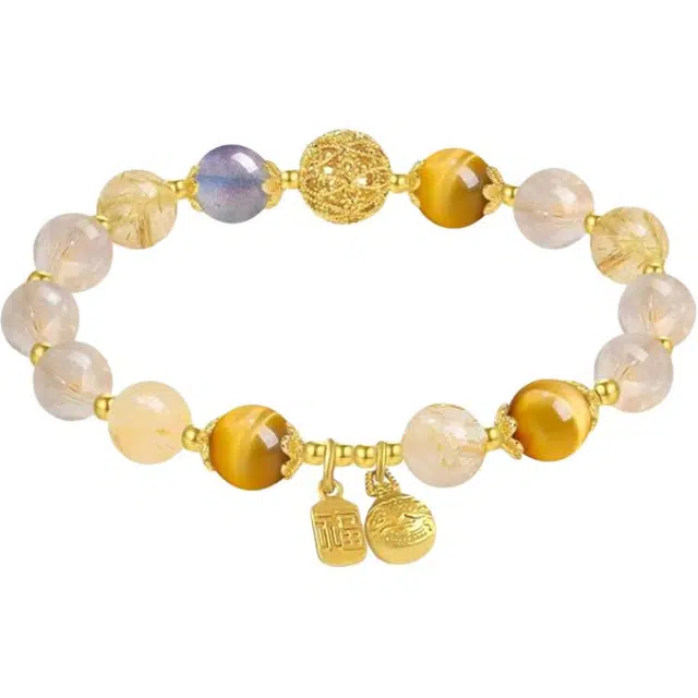 琛宬 【八方来财财源滚滚】平安喜乐有钱花招财纳福转运吞金兽福牌新中式国潮时来运转高级感暴富发财百搭显白#好运 金发晶 手串 女款