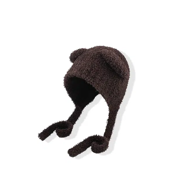 【秋冬入~小熊模拟器】 攸委 可爱卡通泰迪绒熊耳朵绑带毛绒帽子女保暖防风护耳帽加厚加绒 涤纶 大头围显脸小绒线帽针织帽雷锋帽 女款