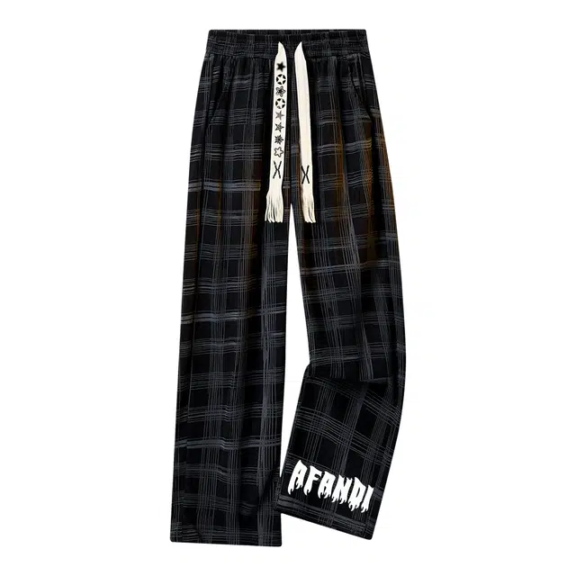 阿凡迪 美式复古格子条纹中腰潮牌系带星星字母印花百搭高街宽松垂坠微弹汤透气阔腿裤垂感直筒休闲裤 男女同款