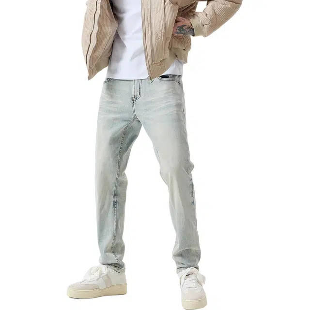 逆腾 秋季弹力浅色长裤男直筒复古重工水洗男裤耐磨修身小脚牛仔裤 男女同款