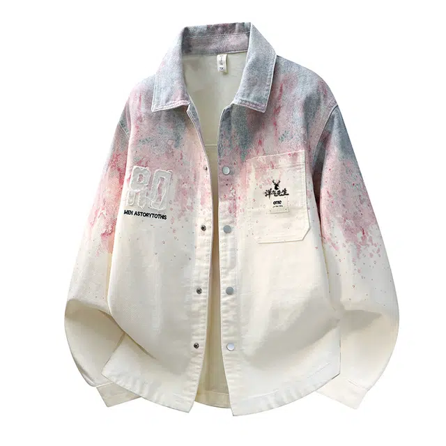 洋气先生 美式潮牌高街扎染渐变色个性设计牛仔翻领痞帅休闲潮流简约时尚日常通勤单排纽扣无性别主义宽松舒适高级感上衣外套夹克 男女同款