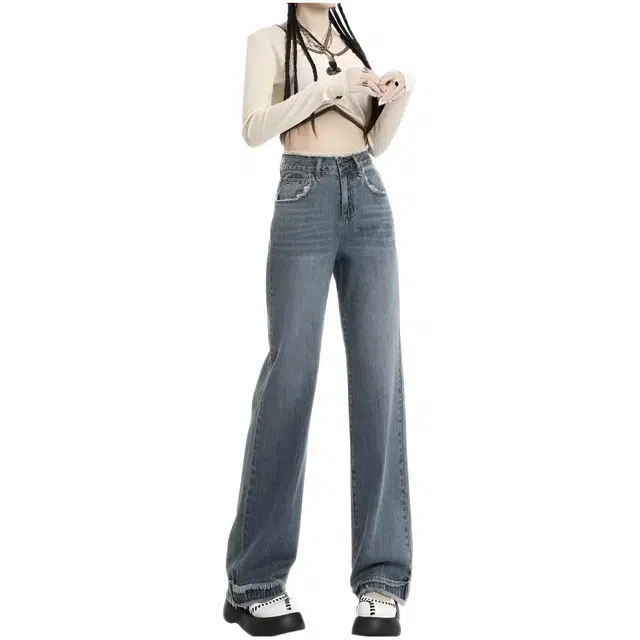 木木兔 潮流时尚秋季裤子女复古阔腿裤高腰宽松垂感直筒慵懒风休闲拖地裤 牛仔裤 女款