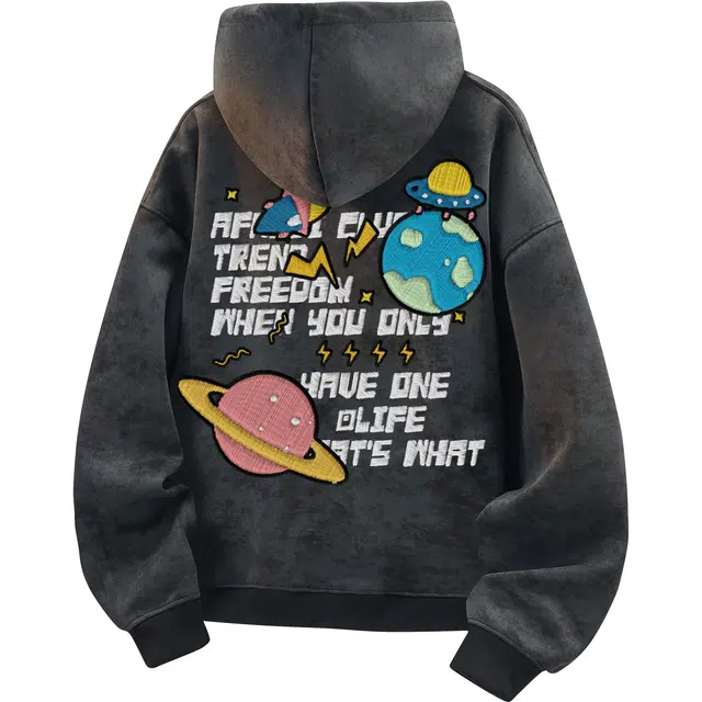 阿凡迪 美式复古街头简约基础扎染设计仿刺绣星球字母潮牌印花宽松舒适休闲百搭时尚潮流通勤无性别主义抽绳长袖重磅连帽卫衣 男女同款