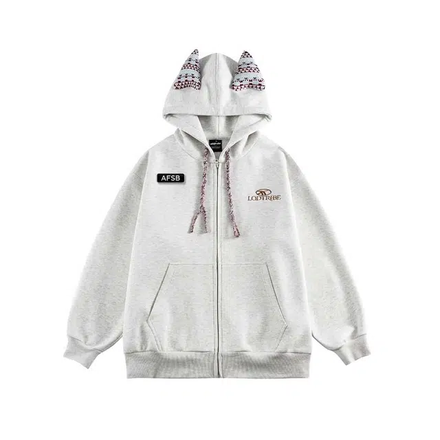 艾梵斯贝 美式复古潮流小众设计款立体羊角民族风花纹个性日常通勤百搭宽松休闲慵懒风高级感情侣款连帽开衫卫衣 男女同款