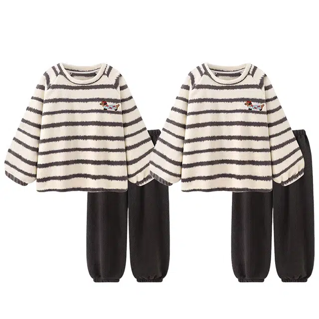 俏韵 圆领卡通条纹腊肠狗冬季加绒保暖简约长袖长裤甜美可爱舒适家居服可外穿睡衣套装 男女同款