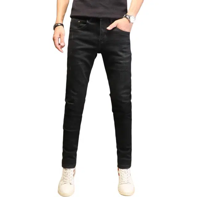 吉肯蒂 高端秋冬做旧牛仔裤男复古修身小脚裤潮流百搭九分薄绒长裤 男款