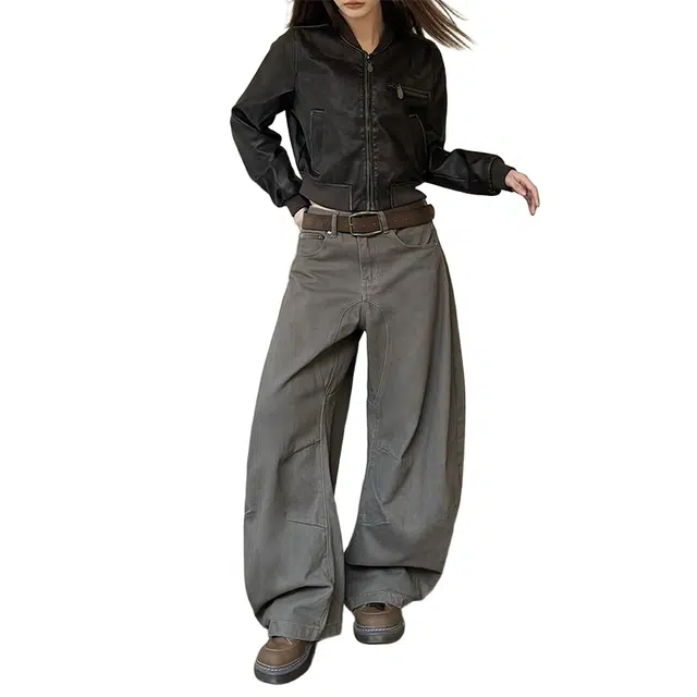 大格子与黑猫 美拉德廓形阔腿弯刀春秋复古褶皱宽松百搭长裤牛仔裤 男女同款