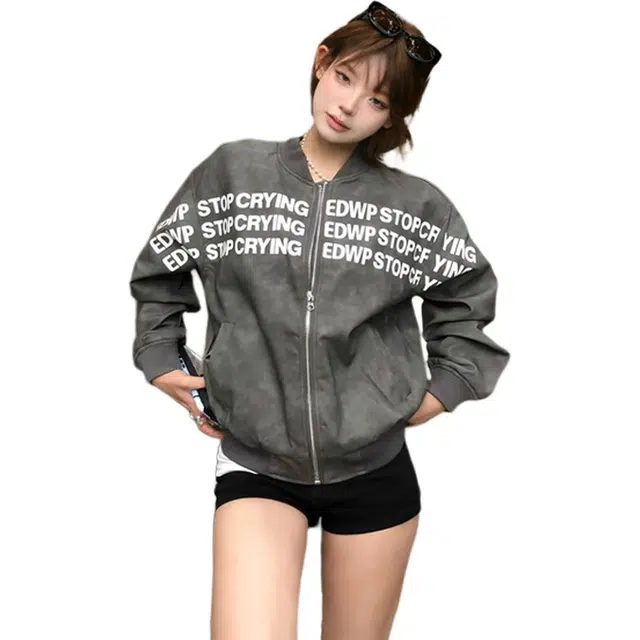 徐百货 美式高街字母印花短款外套街头风痞帅炸街棒球服宽松舒适潮流百搭夹克 男女同款