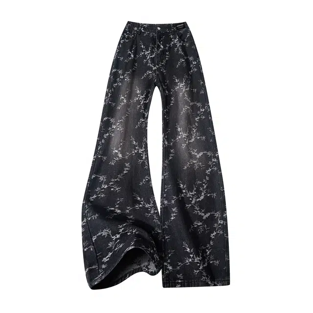 【提花万针刺绣黑牛】布客行 美式高街水洗花卉显高显瘦修身直筒垂感柔软舒适休闲百搭无性别主义微喇阔腿纽扣松紧腰牛仔裤 男女同款