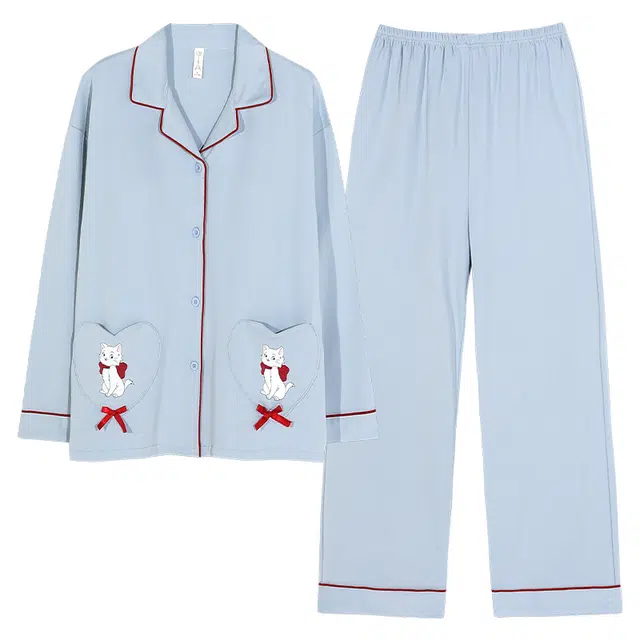 帕兰朵 纯棉春秋季长袖秋冬带胸垫可爱卡通大码舒适柔软家居服睡衣套装 女款