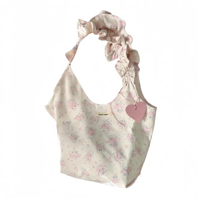 凡思曼 小众设计碎花荷叶边可爱少女百搭通勤腋下包 织物 单肩包 常规 女款 米白色