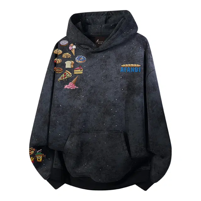 阿凡迪 仿刺绣美式高街复古手绘个性创意趣味美食字母袖口印花通勤重磅百搭宽松运动氛围感学院风落肩袖套头连帽卫衣 男女同款