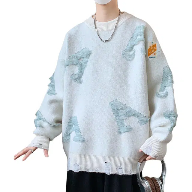 北欧攻略 学院风字母图案个性秋冬男生圆领保暖加厚宽松显瘦针织衫 男女同款