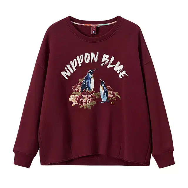 鬼洗 企鹅刺绣宽版女式卡通动漫常规长袖通勤套头卫衣 女款