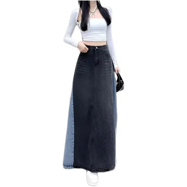 木木兔 潮流时尚美式复古设计感显瘦撞色高个子遮肉高腰拼色半身裙牛仔长裙 女款