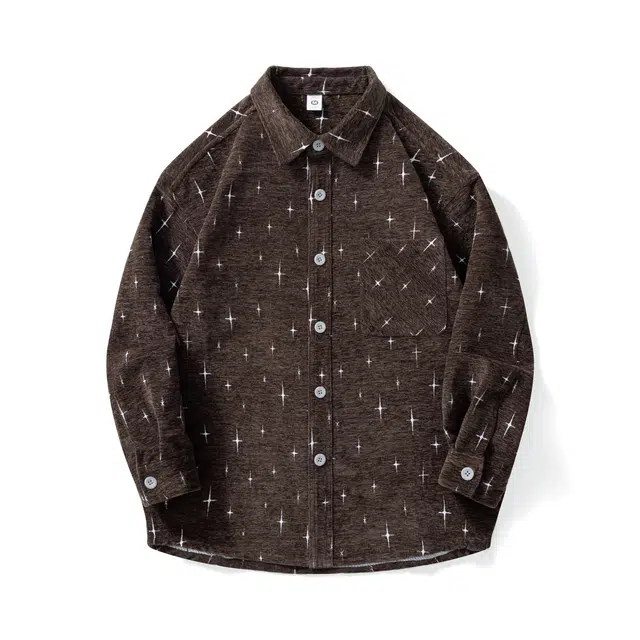 前进牛 美式经典潮牌复古轻奢高级感老钱风雪尼尔星星提花长袖衬衣男潮流秋季森系百搭宽松休闲外套衬衫 男款