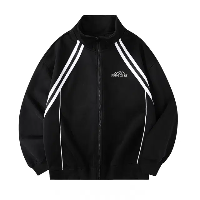 颂希尔 美式小众字母印花条纹拼接立领秋冬季潮牌高街百搭宽松休闲开衫外套卫衣 男女同款