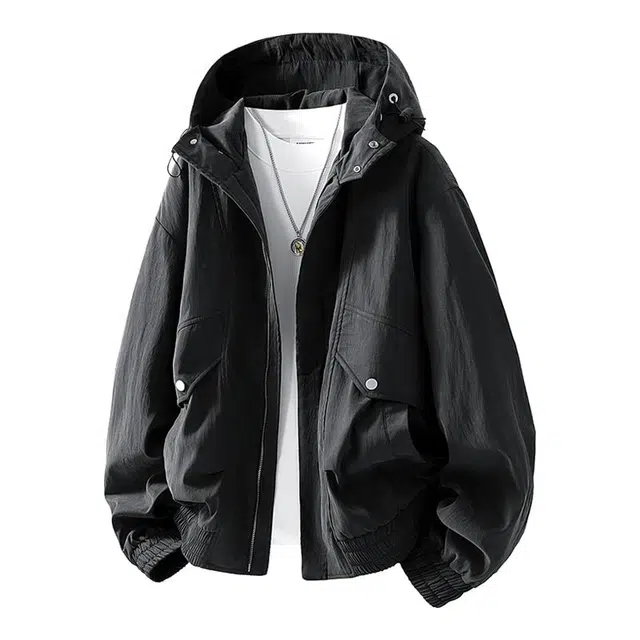 马员外 春秋季潮流百搭休闲宽松连帽纯色简约学院风夹克 男款